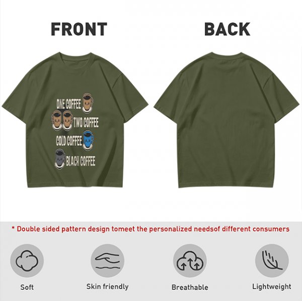 Olive green graphic tee with coffee cup illustrations and playful coffee text