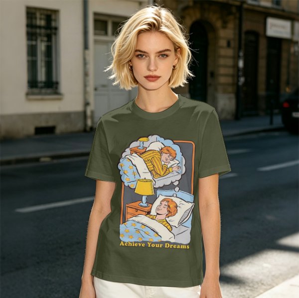 Olive graphic t-shirt with sleeping person and 'Achieve Your Dreams' text