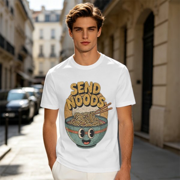Olive Green T-Shirt With Retro Send Noods Ramen Bowl Graphic