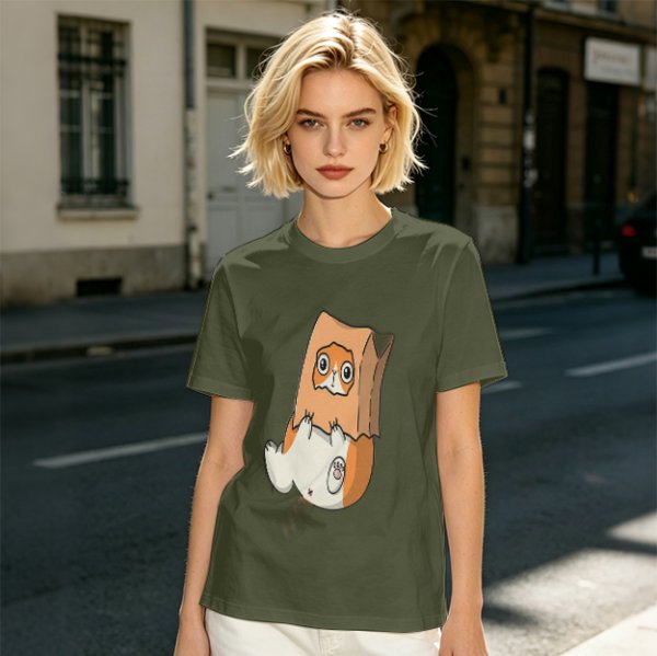 Olive T-Shirt With Cute Hamster In Paper Bag Print