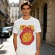 Olive green graphic t-shirt with pizza atom design