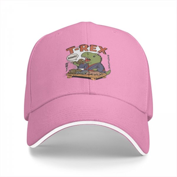 Black baseball cap with T-Rex sushi chef graphic and RAWR text