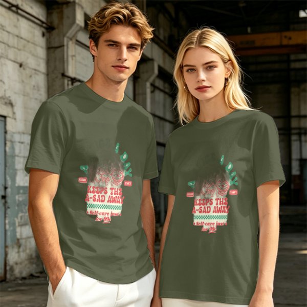 Olive graphic t-shirt with funny cat and 'keeps the a-sad away' text