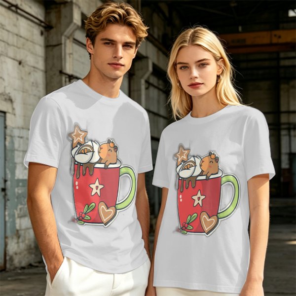 Olive T-Shirt With Cute Capybara In Christmas Hot Cocoa Mug Print