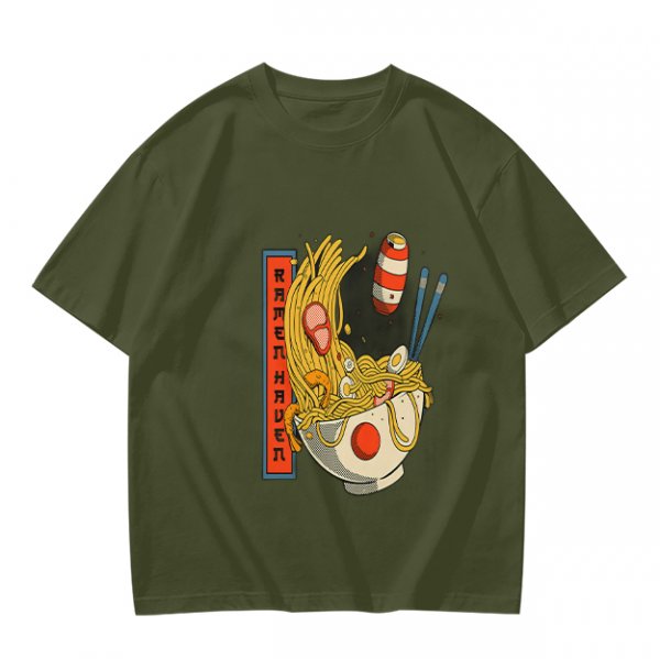 Olive T-Shirt With Ramen Bowl Graphic and Vertical Text Print
