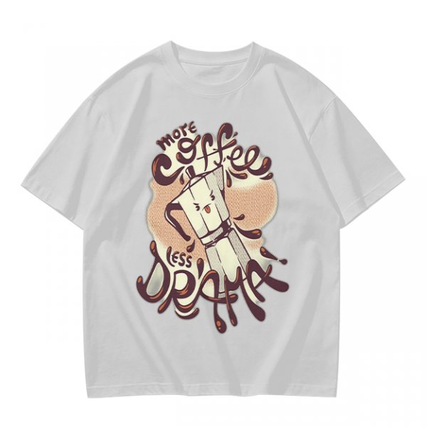 Olive t-shirt with 'More Coffee Less Drama' and moka pot graphic