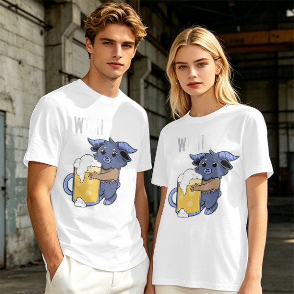 Olive T-Shirt With Cute Blue Goat Holding Foamy Beer Mug Print