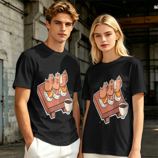 Olive green t-shirt with capybara sushi print design