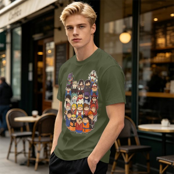 Olive T-shirt with cute chibi anime character group print