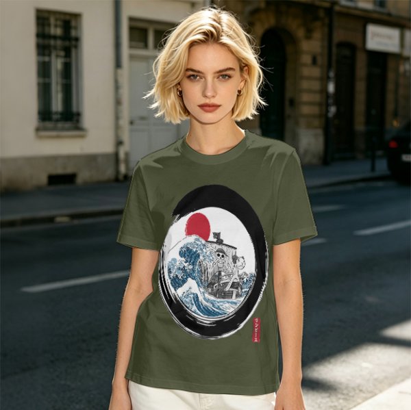 Olive T-shirt with Great Wave Enso Circle and Red Sun Print