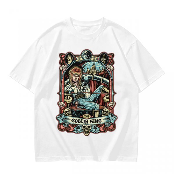 Olive green t-shirt featuring The Goblin King tarot-style artwork