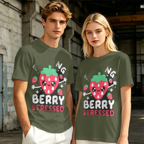 Olive graphic t-shirt with crying strawberry and 'berry stressed' text