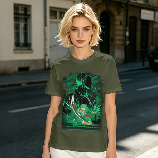 Olive Green Anime T-Shirt With Swordsman Character Artwork