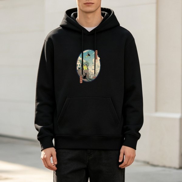 Black hoodie with witch and black cat town scene graphic