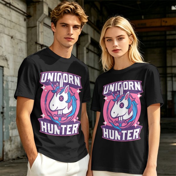 Unicorn Hunter Graphic Tee with Sword and Sparkle Design