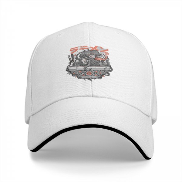 Black Baseball Cap With Japanese Ramen Themed Graphic Print