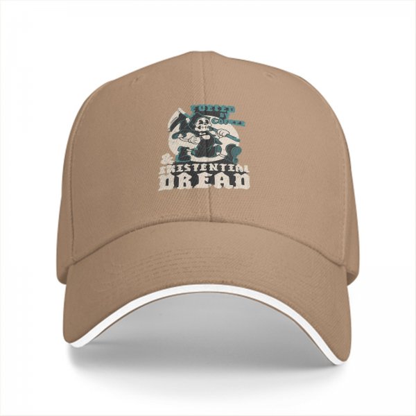 Black baseball cap with 'Fueled by Coffee & Existential Dread' grim reaper graphic