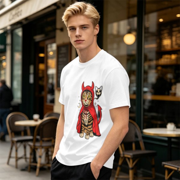 Olive T-shirt with a tabby cat in a devil hood and skull cat graphic
