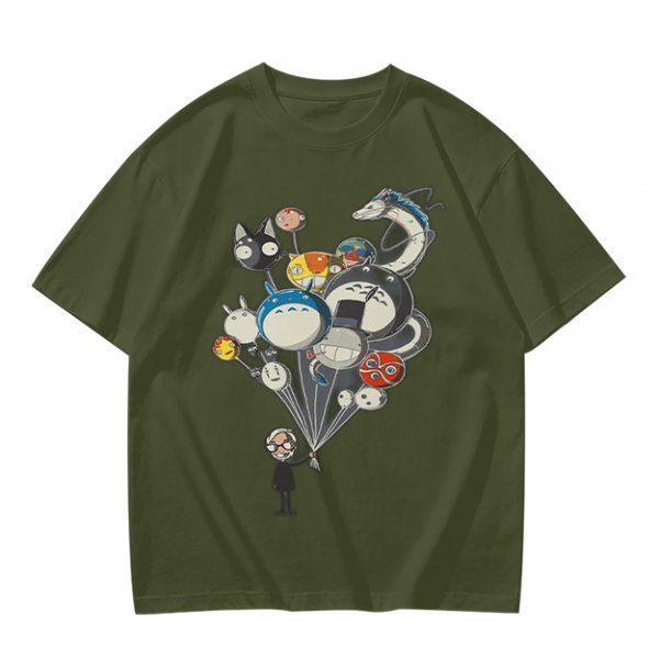 Olive T-Shirt With Studio Ghibli Character Balloon Print