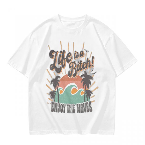 Olive graphic t-shirt with tropical sunset wave and palm tree print