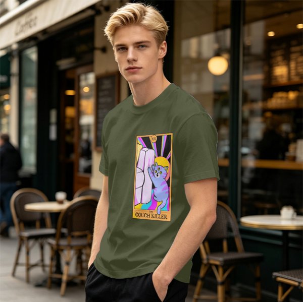 Olive green t-shirt with three-eyed cat couch killer tarot-style graphic