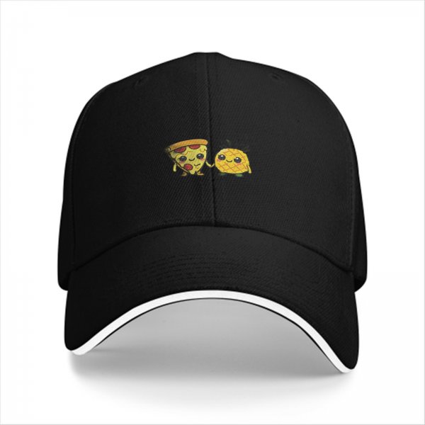 Black Baseball Cap With Cute Pizza And Pineapple Friends Print