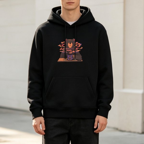 Black hoodie with a grumpy bear holding a mug and smoke design