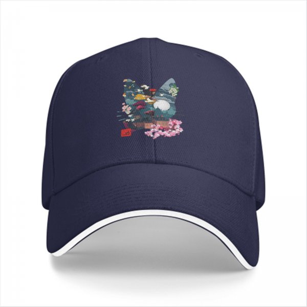 Black Baseball Cap With Cat Silhouette Cherry Blossom Landscape Art