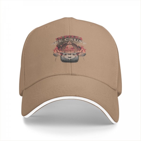 Black baseball cap with 'In Pizza We Crust' graphic print