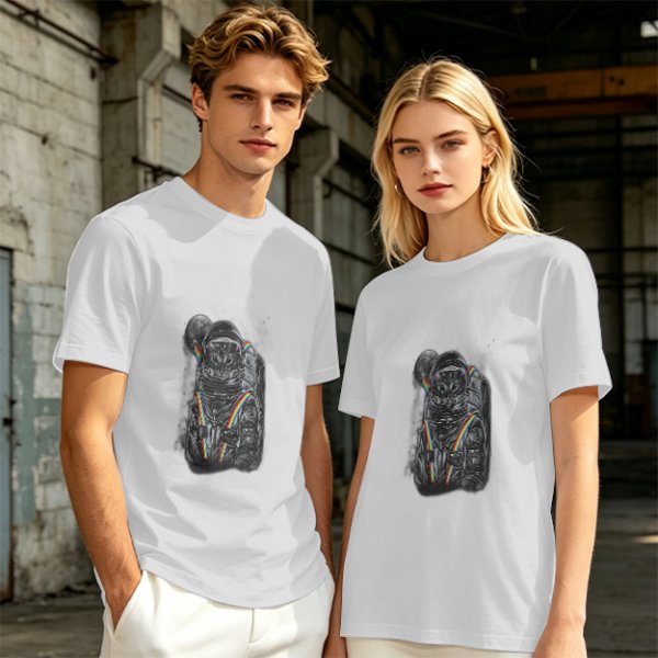 Olive T-Shirt With Astronaut Cat And Rainbow Accent Print