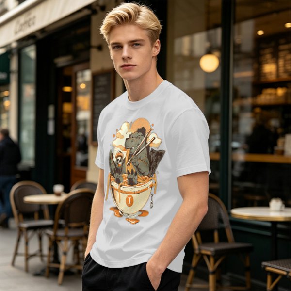 Olive T-Shirt Featuring Godzilla Eating Ramen Noodles