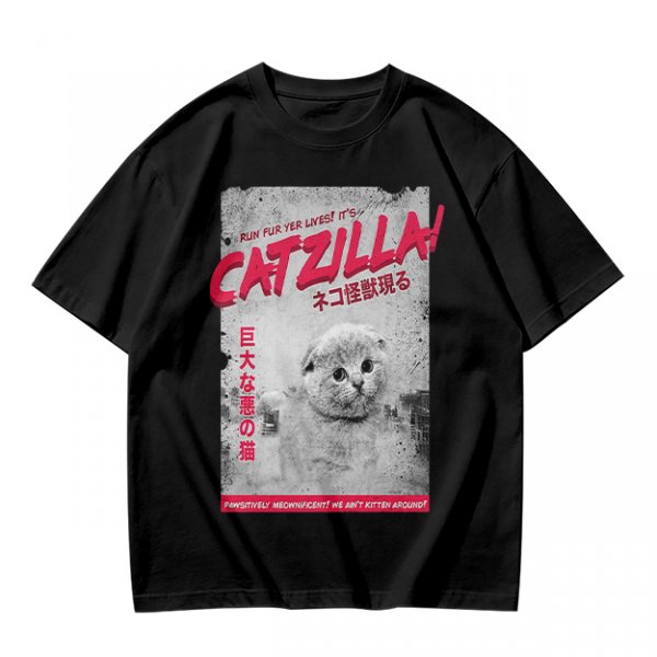 Olive green t-shirt with Catzilla giant cat monster graphic print