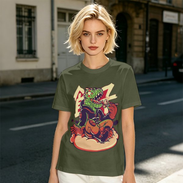 Olive T-Shirt with Cartoon Crocodile Eating Snack Graphic
