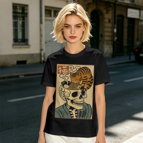 Olive t-shirt with a skull ramen bowl and a napping tabby cat print