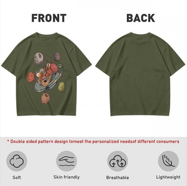 Olive green t-shirt with ramen planet space graphic print