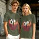 Olive green t-shirt with a panda relaxing in a steaming ramen bowl print