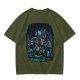 Olive Green T-Shirt With Night Graveyard Cat Illustration
