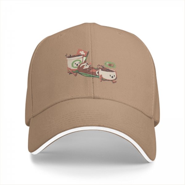 Black baseball cap with playful anthropomorphic coffee cups graphic