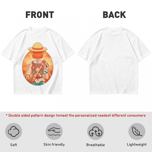 Olive T-Shirt Featuring Anime Character With Straw Hat Back View