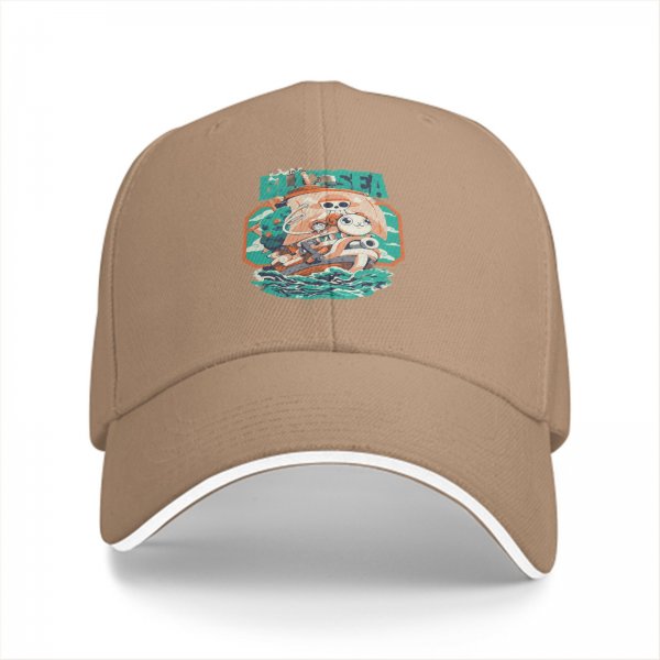 Black Baseball Cap with Blue Sea Pirate Ship Graphic Print