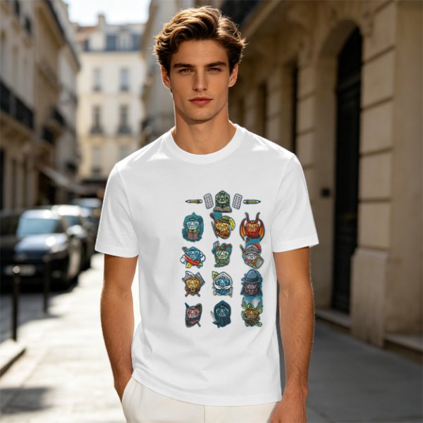 Olive Green T-Shirt With Fantasy Character Icons Print