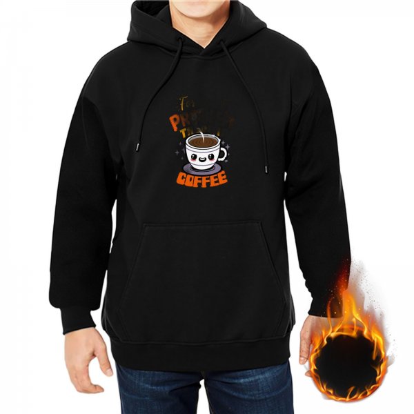 Black hoodie with cute smiling coffee cup graphic and coffee text