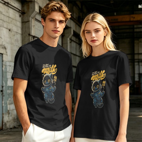 Olive T-shirt with Astronaut Cat 'I'm Just Here For The Milk' Print