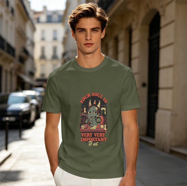 Olive t-shirt with devil call center graphic and 'Your Soul Is Very Important To Us' text