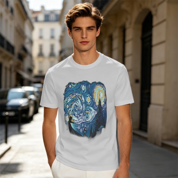 Olive T-Shirt with Starry Night Art Print