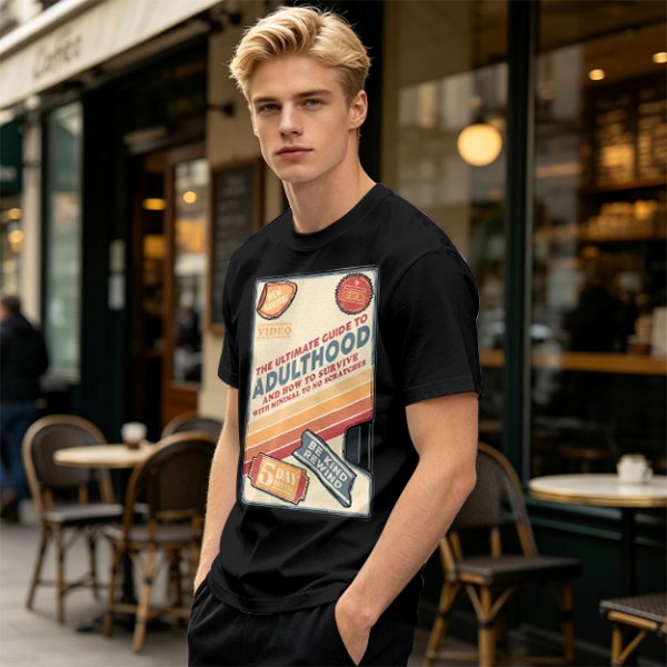 Olive t-shirt with retro guide to adulthood VHS-style print