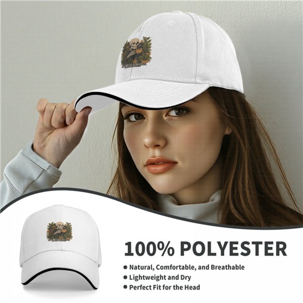 Black baseball cap with skeleton holding coffee and plants design