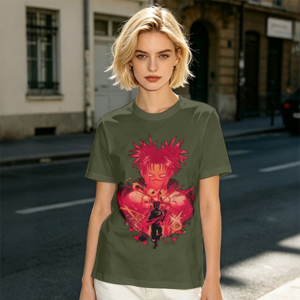 Olive Anime Graphic T-Shirt With Spiky Red Haired Character Art