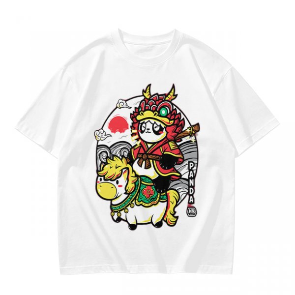 Olive T-shirt with Panda Warrior Riding Mythical Horse Graphic