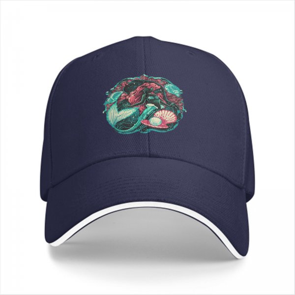 Black Baseball Cap With Mermaid And Pearl Shell Graphic